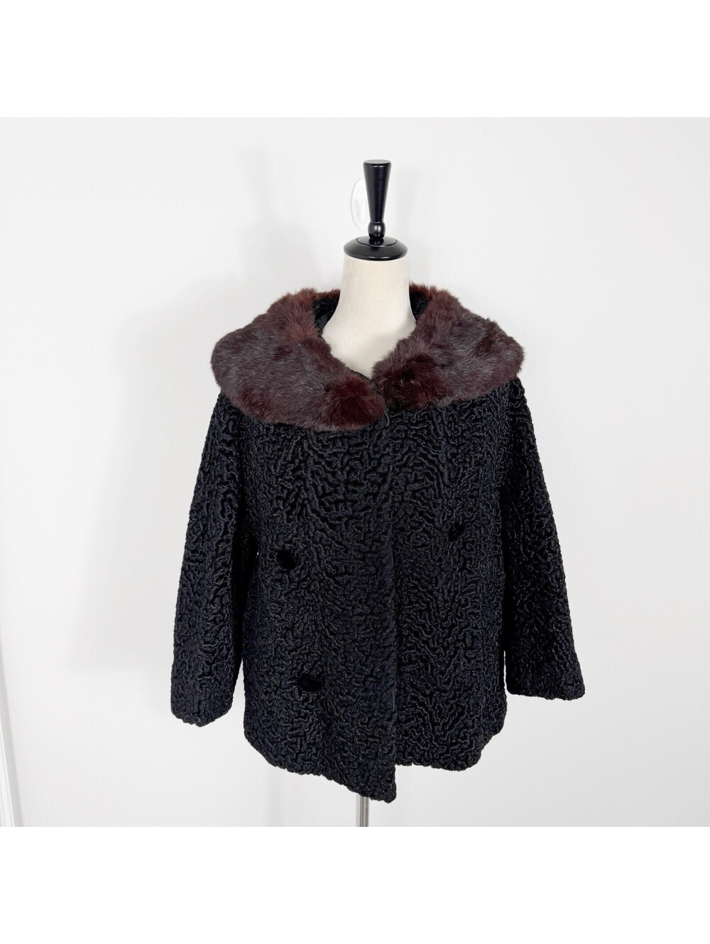 Vintage Persian Lamb and Mink Opera Jacket Fur Coat Black Brown Womens Large